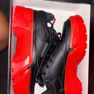 Reebok Black Leather Sneakers with Red Chunky Soles, worn 2x.